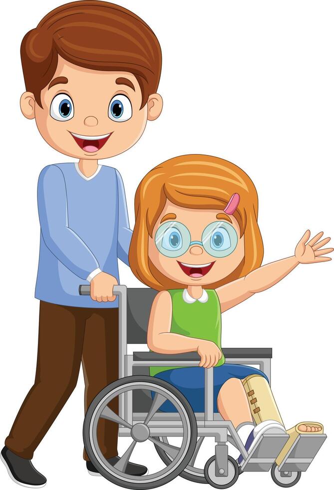 tecknad serie pojke uppmuntrar en flicka i en rullstol vektor