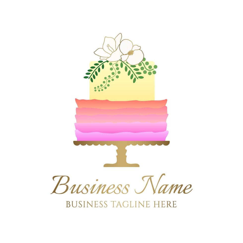 regnbåge kaka logotyp för bageri företag eller födelsedag firande fest i gul, orange och rosa lutning färger och blommor vektor