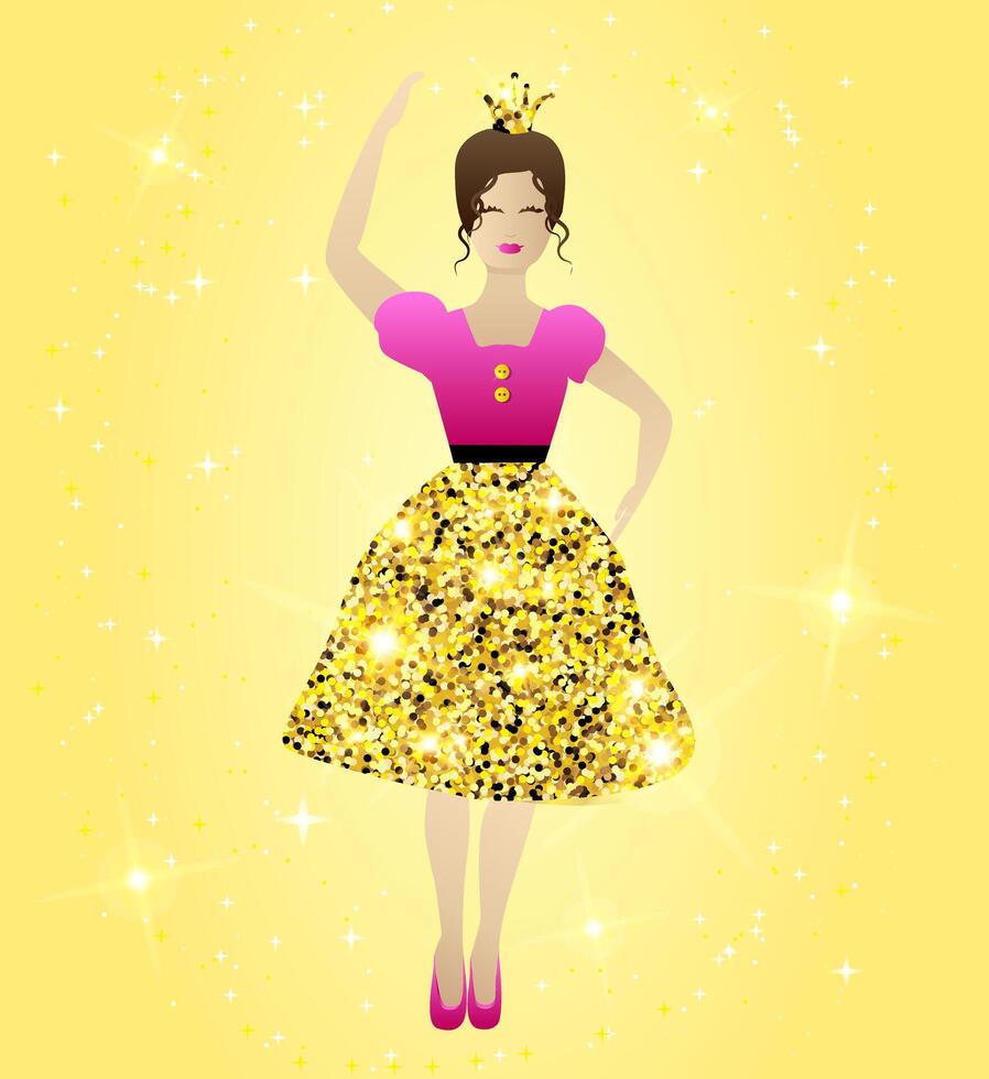 guld gnistra prinsessa illustration design i rosa klänning med magisk stjärnor bakgrund vektor