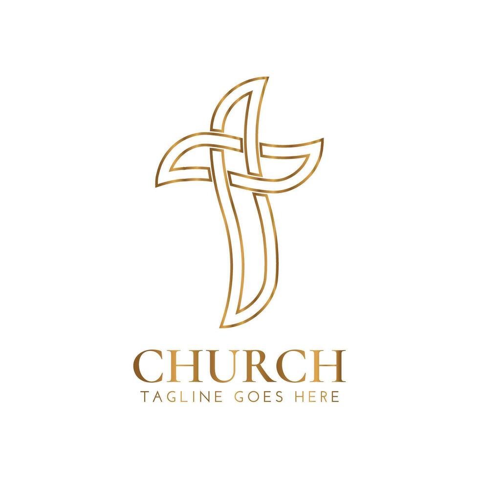 Christian Kirche Gliederung Gold Logo Design mit Kreuz vektor