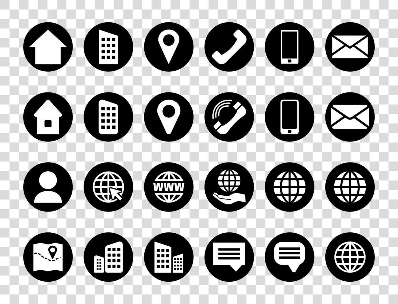 runda svart Kontakt info ikon uppsättning för plats stift, telefon, webb och mobiltelefon, person och e-post ikoner. vektor