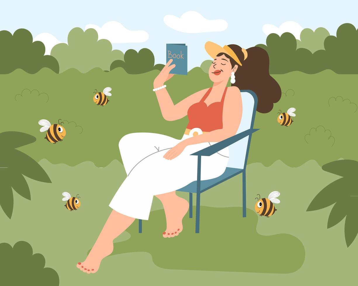 ein Frau liest ein Buch im Natur. Hobby und Freizeit Konzept. Illustration, Clip Art vektor