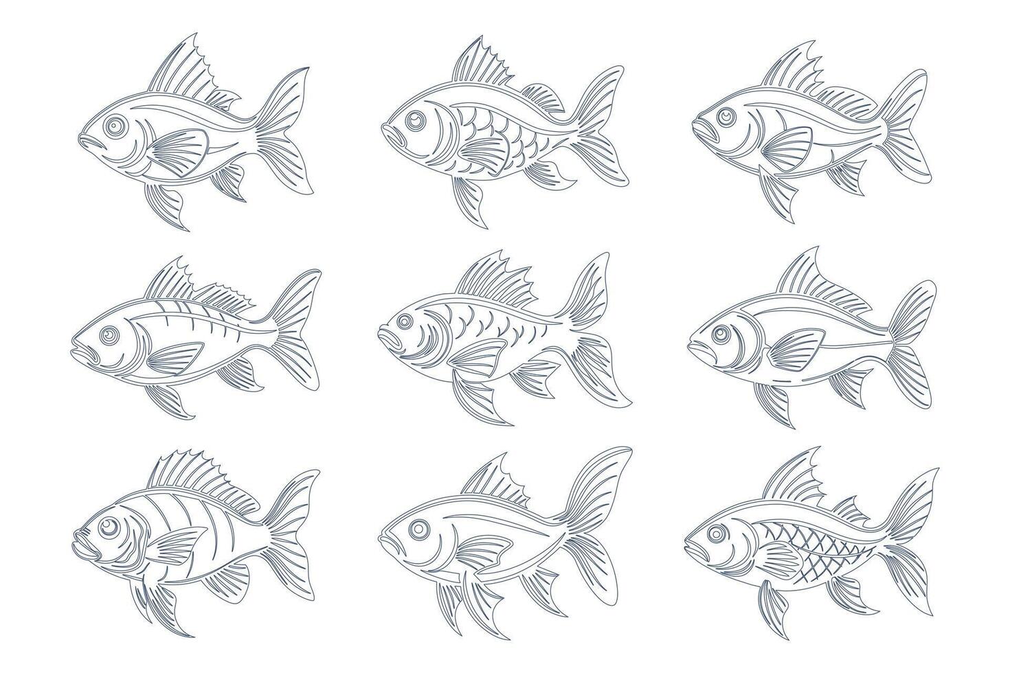 einstellen von Silhouetten von Meer Fisch. Fisch Vielfalt Symbole. Hand gezeichnet Illustration, skizzieren. vektor