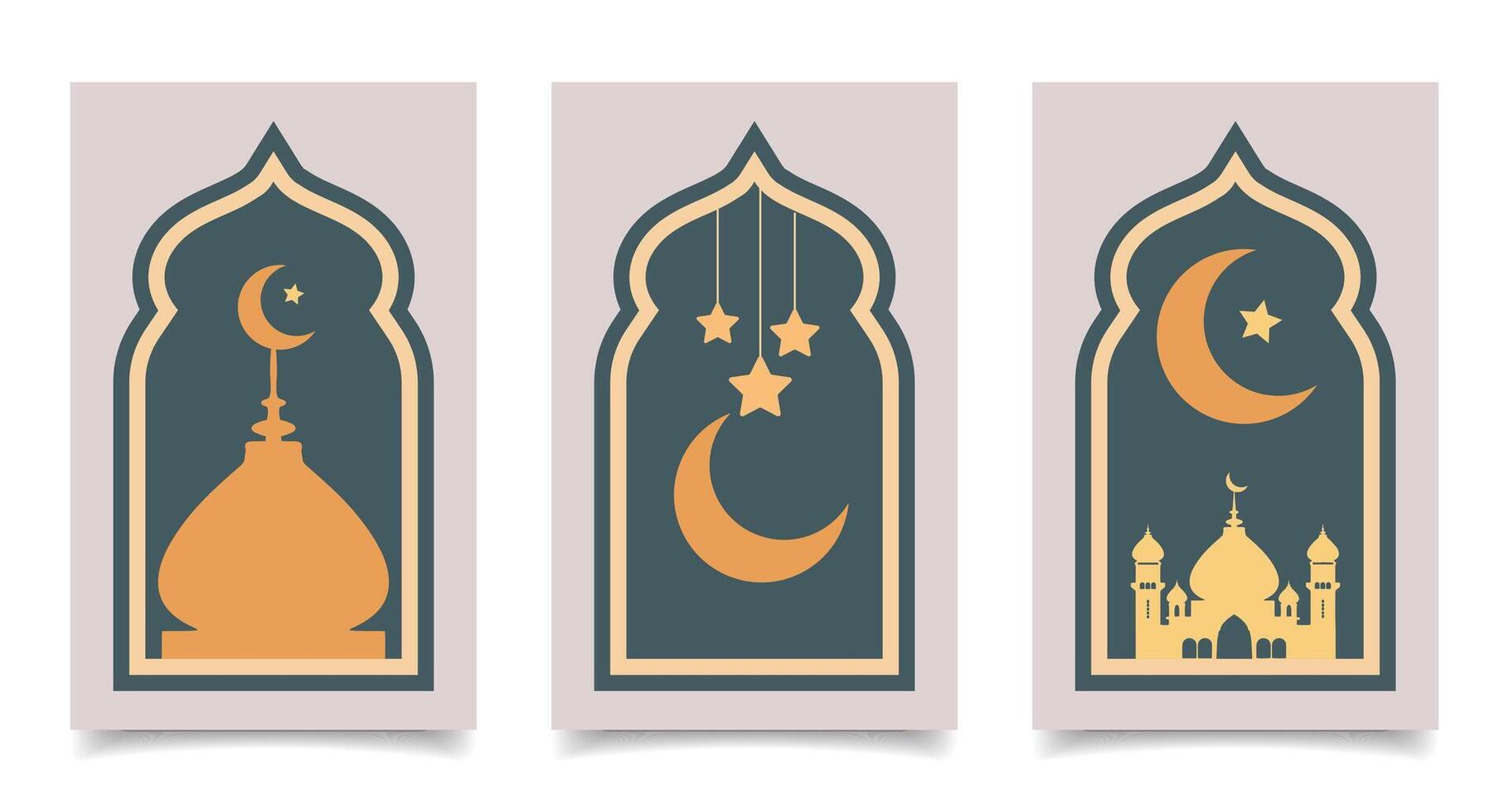 Sammlung von modern Stil Ramadan Mubarak Gruß Karten mit retro Boho Design. Fenster und Bögen mit Mond, Moschee Kuppel und Laternen. einstellen von Plakate vektor