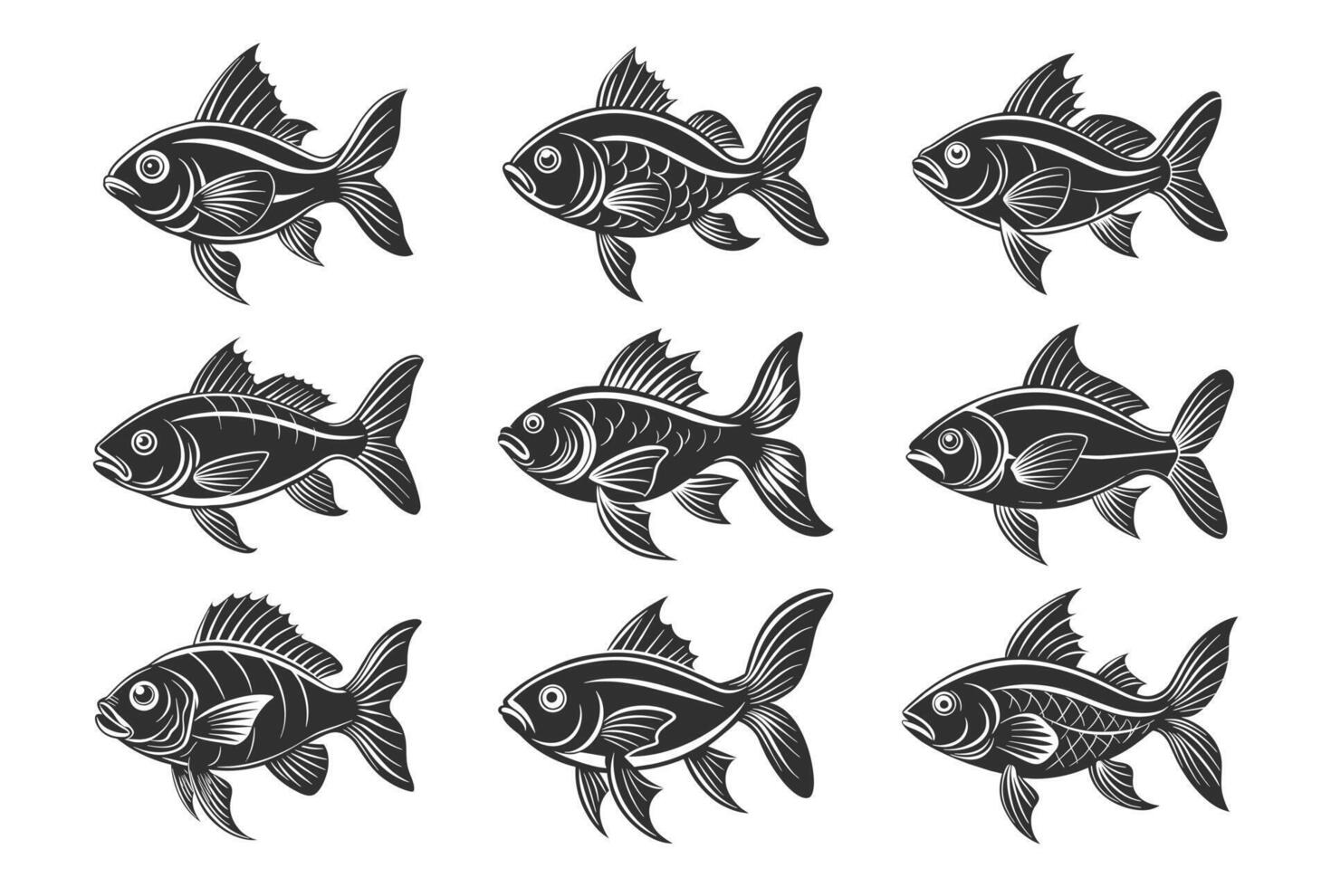 einstellen von Silhouetten von Meer Fisch. Fisch Vielfalt Symbole. Hand gezeichnet Illustration, skizzieren. vektor
