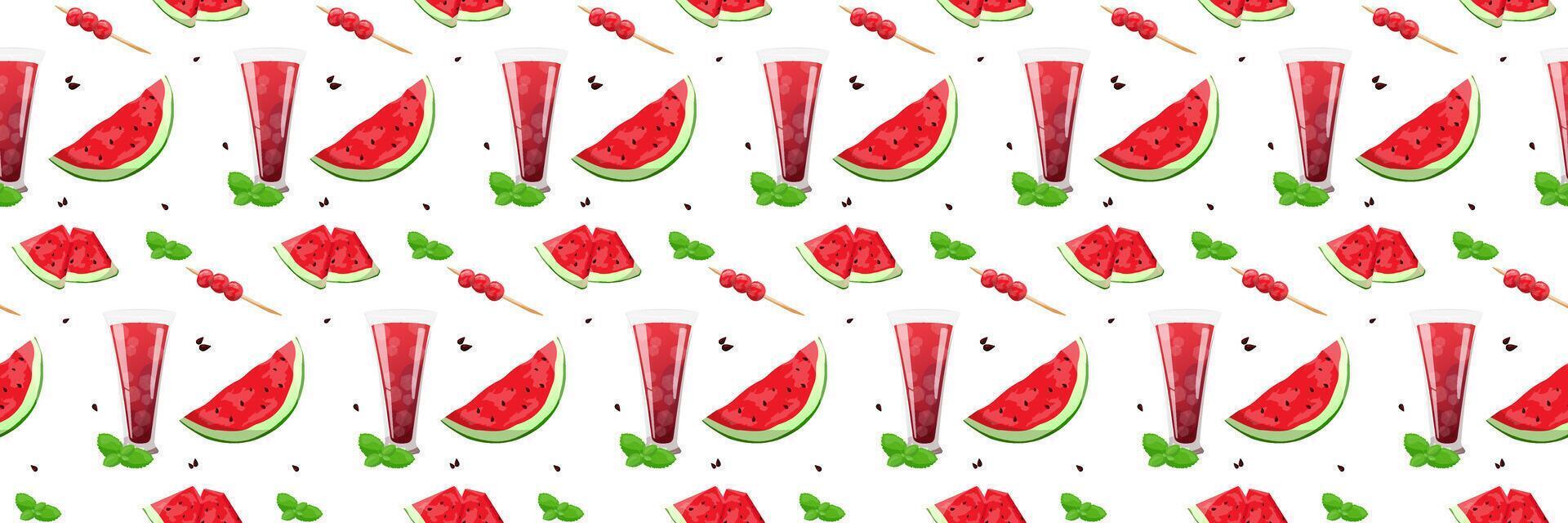 nahtlos Hintergrund mit Wassermelone Scheiben, Saft, Wassermelone Bälle, Nachtisch. Illustration im Karikatur Stil. Illustration vektor