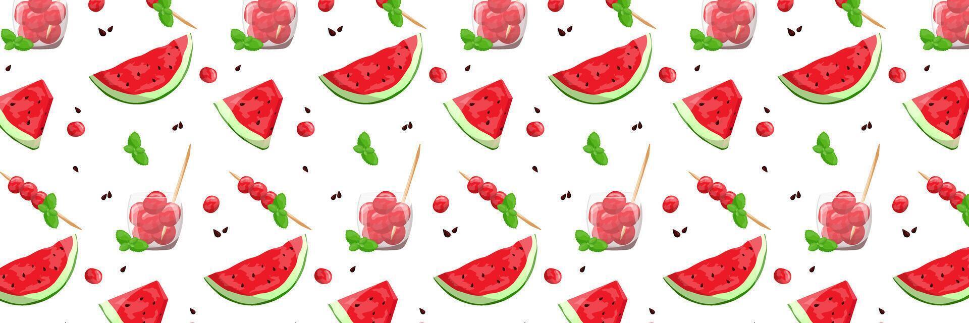 sömlös bakgrund med vattenmelon skivor, vattenmelon bollar, efterrätt. illustration i tecknad serie stil. illustration vektor