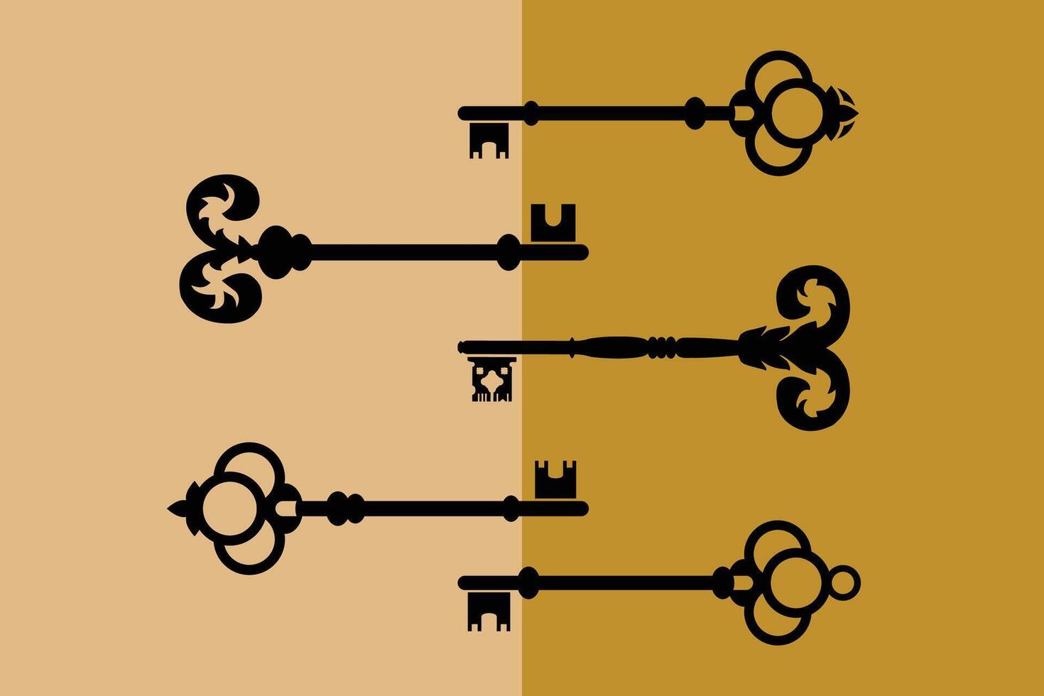 Sicherheit Schlüssel Silhouetten. Geheimnis Schlüssel Grafik, öffnen viktorianisch Zimmer Antiquität Notenschlüssel Symbole und modern Schlüssel. vektor