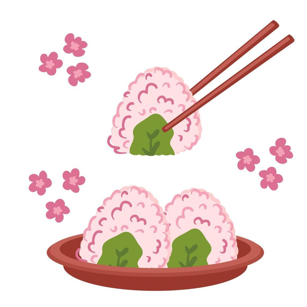 japansk vår sakura onigiri ris bollar på de tallrik. perfekt för klistermärken, affischer, meny och pappersvaror. hand dragen illustration för dekor och design. vektor