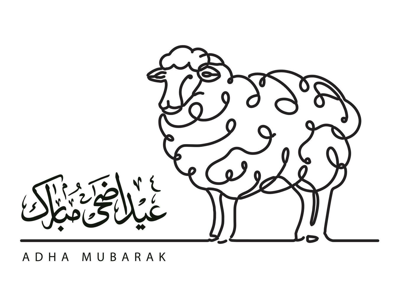 Übersetzung eid adha Mubarak im Arabisch Sprache Gruß Karte Design mit ein Schaf Lamm einer Linie Zeichnung Gruß Karte Design vektor
