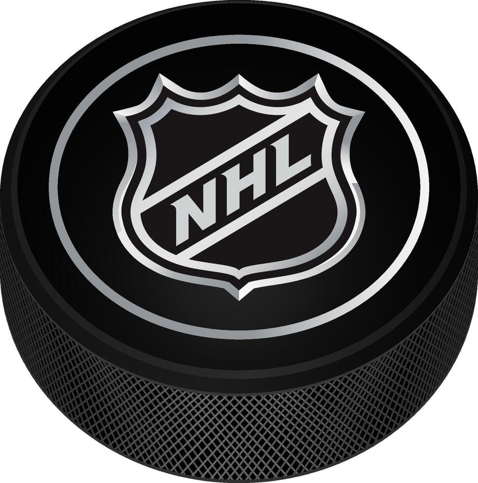 realistisk hockey puck med de logotyp av de nationell hockey liga vektor