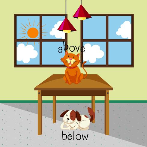 Gegensätzliche Wörter für oben und unten mit Katze und Hund im Raum vektor
