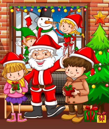 Weihnachtsthema mit Weihnachtsmann und Kindern vektor