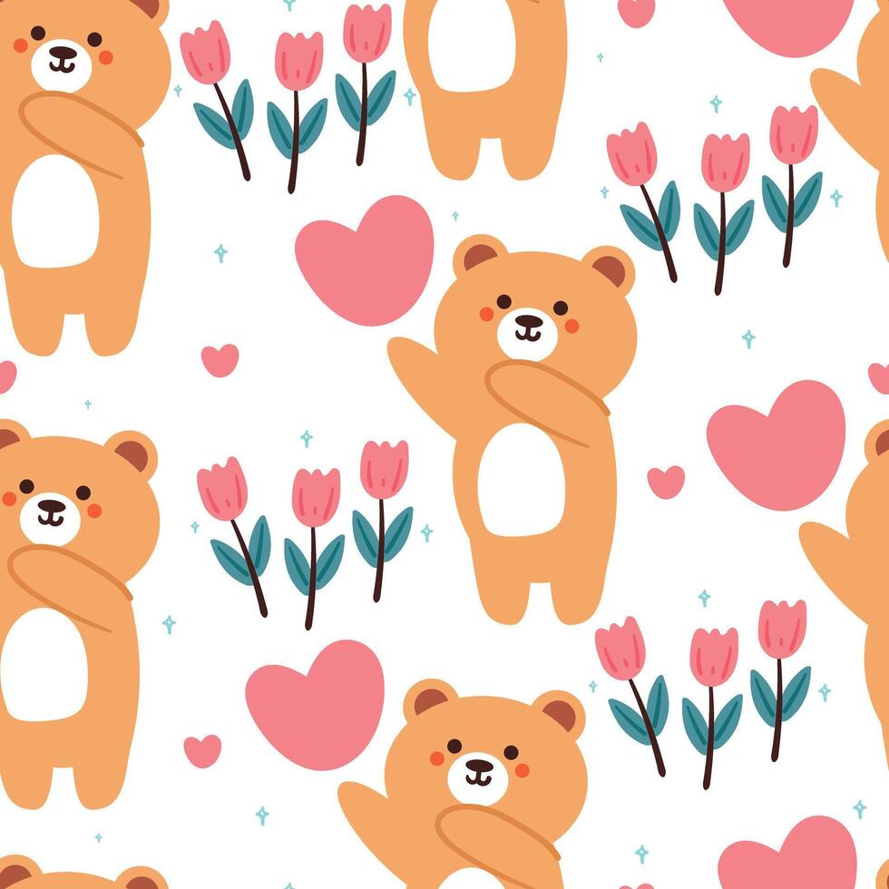 sömlös mönster tecknad serie Björn med rosa hjärta och blomma. söt tapet för textil, gåva slå in papper vektor