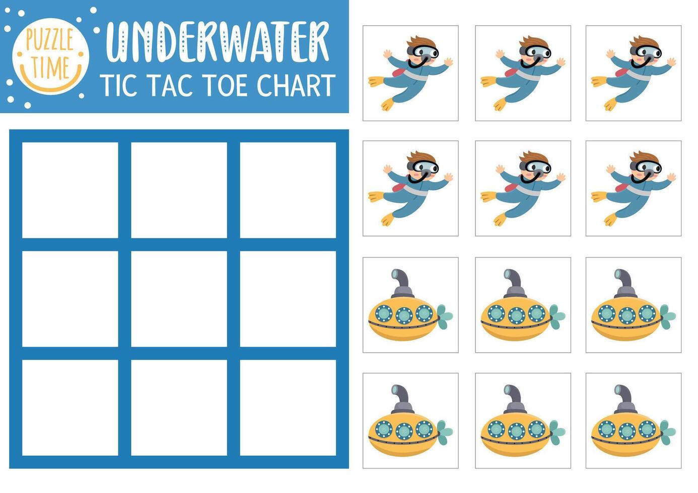 under de hav tic tac tå Diagram med dykare och u-båt. hav liv styrelse spel spelar fält med söt tecken. rolig marin tryckbar arbetsblad. nätter och går över rutnät vektor