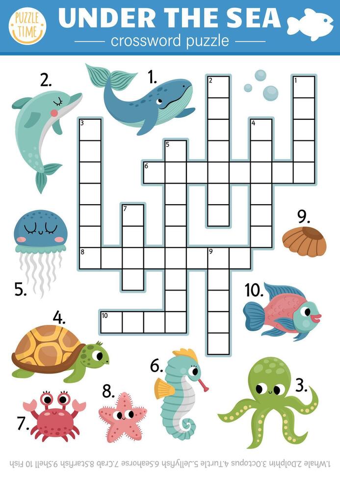 unter das Meer Kreuzworträtsel Puzzle zum Kinder. einfach Ozean Leben Quiz mit zum Kinder. lehrreich Marine Aktivität mit Fisch, Wasser Tiere, Wal, Delfin, Krake. süß Kreuz Wort vektor