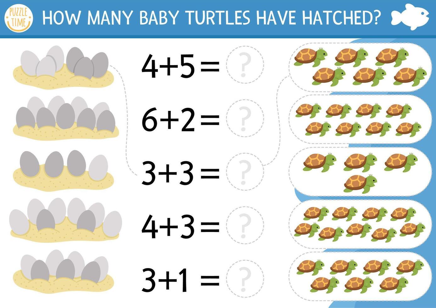 Wie viele Baby Schildkröten haben ausgebrütet Spiel. unter das Meer Mathematik Zusatz Aktivität zum Vorschule Kinder. einfach Ozean Leben druckbar Zählen Arbeitsblatt zum Kinder mit süß Wasser Tiere und Eier im Sand vektor