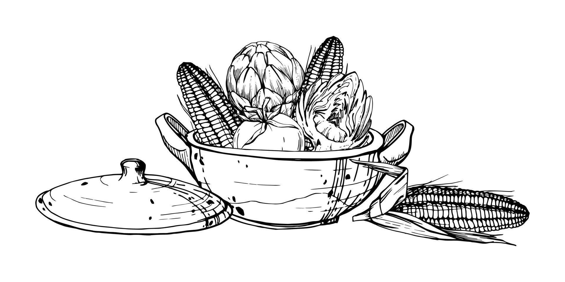 hand dragen bläck illustration, matlagning pott keramik vegetabiliska gryta majs majs quinoa, söder amerikan kök sammansättning isolerat på vit bakgrund. design resa, semester, broschyr, skriva ut vektor