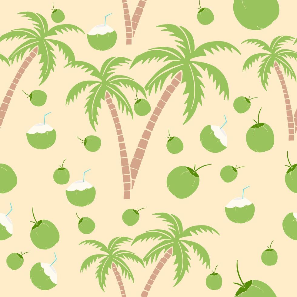 sömlös mönster av kokos frukt och kokos träd för solig sommar, lämplig för olika tillämpningar sådan som mönster för grafik på tyg, tapet, digital dekoration, vektor