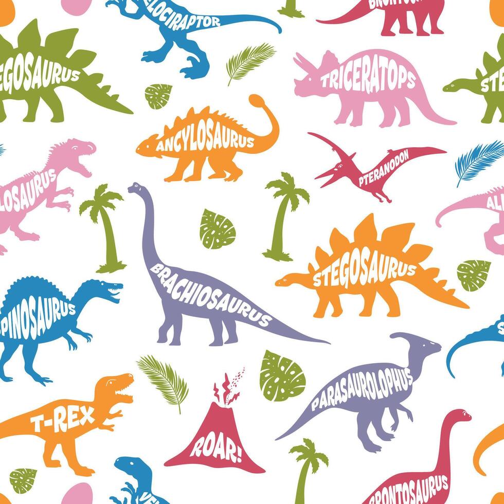 dinosaurie Färg sömlös mönster. hand dragen dinosaurier på vit bakgrund. mönster med tyrannosaurus rex, stegosaurus, brachiosaurus, triceratops, och pterodactyl tecknade serier. vektor