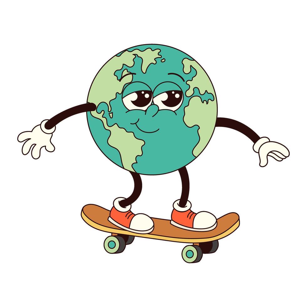 jord på en skateboard karaktär i trendig retro häftig stil. jord dag. illustration för kort, affisch, baner, webb vektor