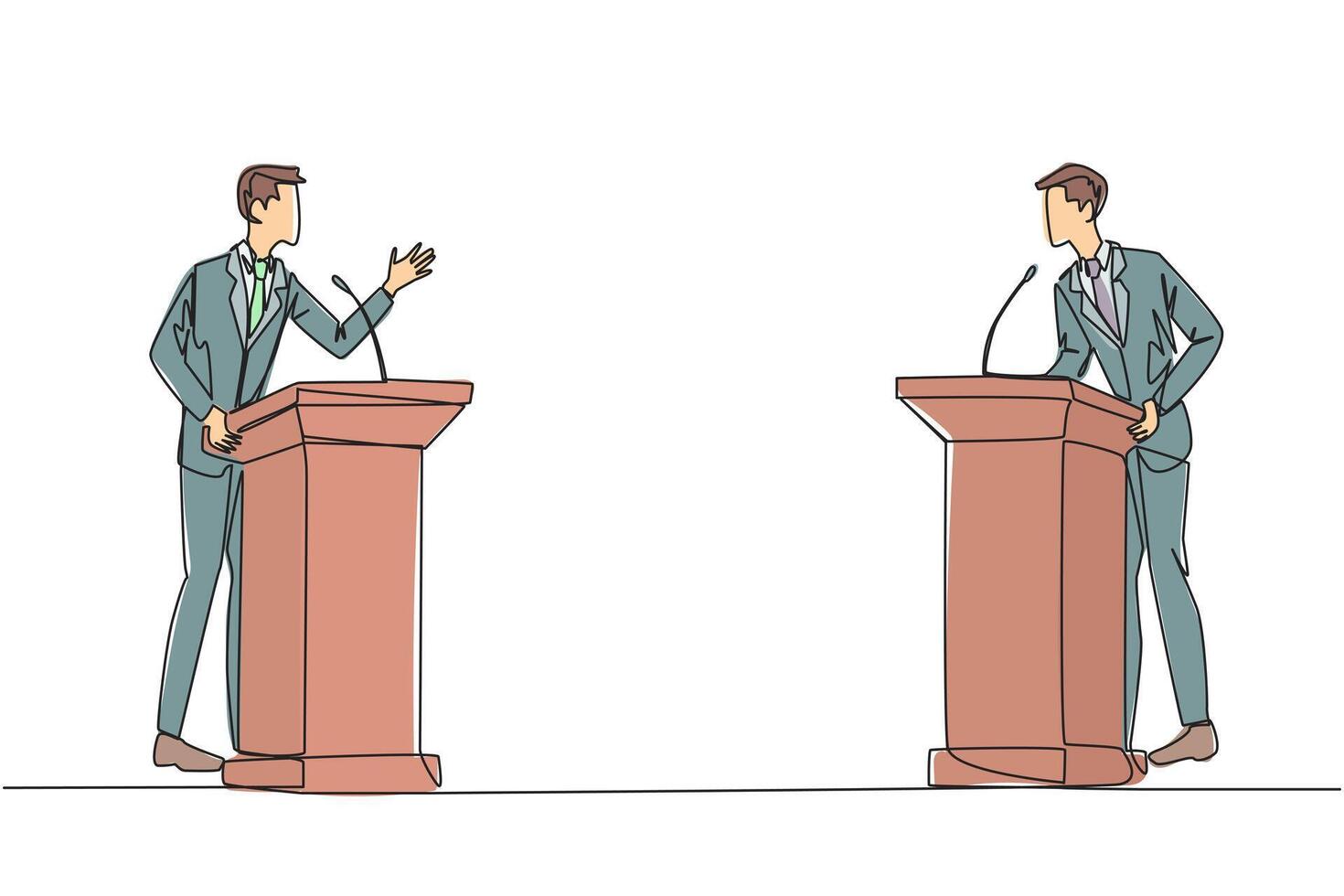 enda kontinuerlig linje teckning två ung affärsmän argumenterar på de podium. kasta yttranden på de bäst sätt till handla med global uppvärmning. öppen dialog. debattera. ett linje design illustration vektor