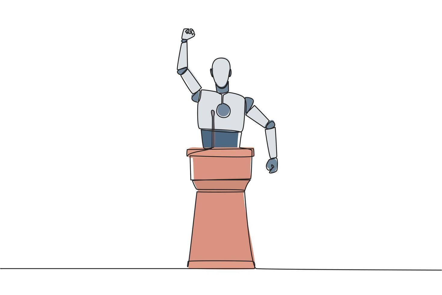 kontinuerlig ett linje teckning robot tala på de podium förbi knäppning nävar på huvud höjd. håller på med oration. ledarskap begrepp. brinnande de anda. ai tech. enda linje dra design illustration vektor