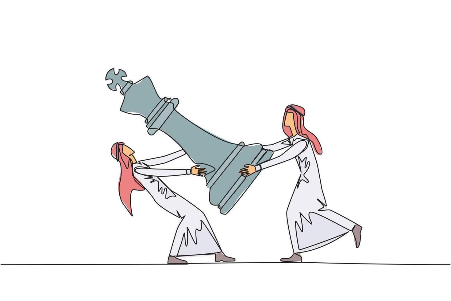 Single kontinuierlich Linie Zeichnung zwei wütend arabisch Geschäftsmann Kampf Über groß König Schach Stücke. das Metapher von krabbeln zu speichern ein Geschäft durch Portion Investoren. einer Linie Design Illustration vektor