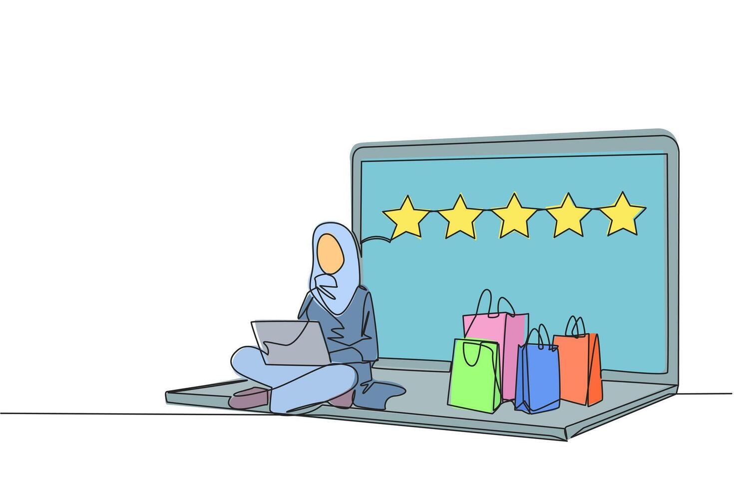 kontinuierlich einer Linie Zeichnung glücklich arabisch Frau Sitzung auf groß Laptop Tippen auf Laptop. gekauft ein Menge von online Geschäft. geben ein Rezension von 5 Sterne. E-Commerce. Single Linie zeichnen Design Illustration vektor