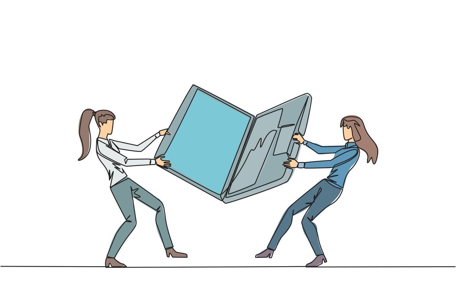 Single kontinuierlich Linie Zeichnung zwei emotional Geschäftsfrau Kampf Über das Laptop. Kampf zum Information Über sehr gut Bereich zu Sein das Nächster Ziel Markt. einer Linie Design Illustration vektor