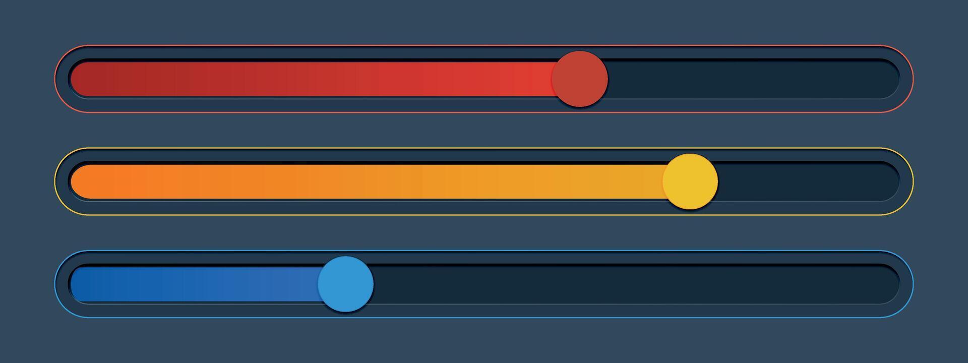 3 Vertikale Schieberegler im Rot, Gelb und Blau Farbe auf schwarz Hintergrund. Illustration von Wird geladen Bar, eben, Skala, Klang Volumen. Software Werkzeug. Geschwindigkeit hochladen oder herunterladen. Panel Schalter Kontrolle. vektor