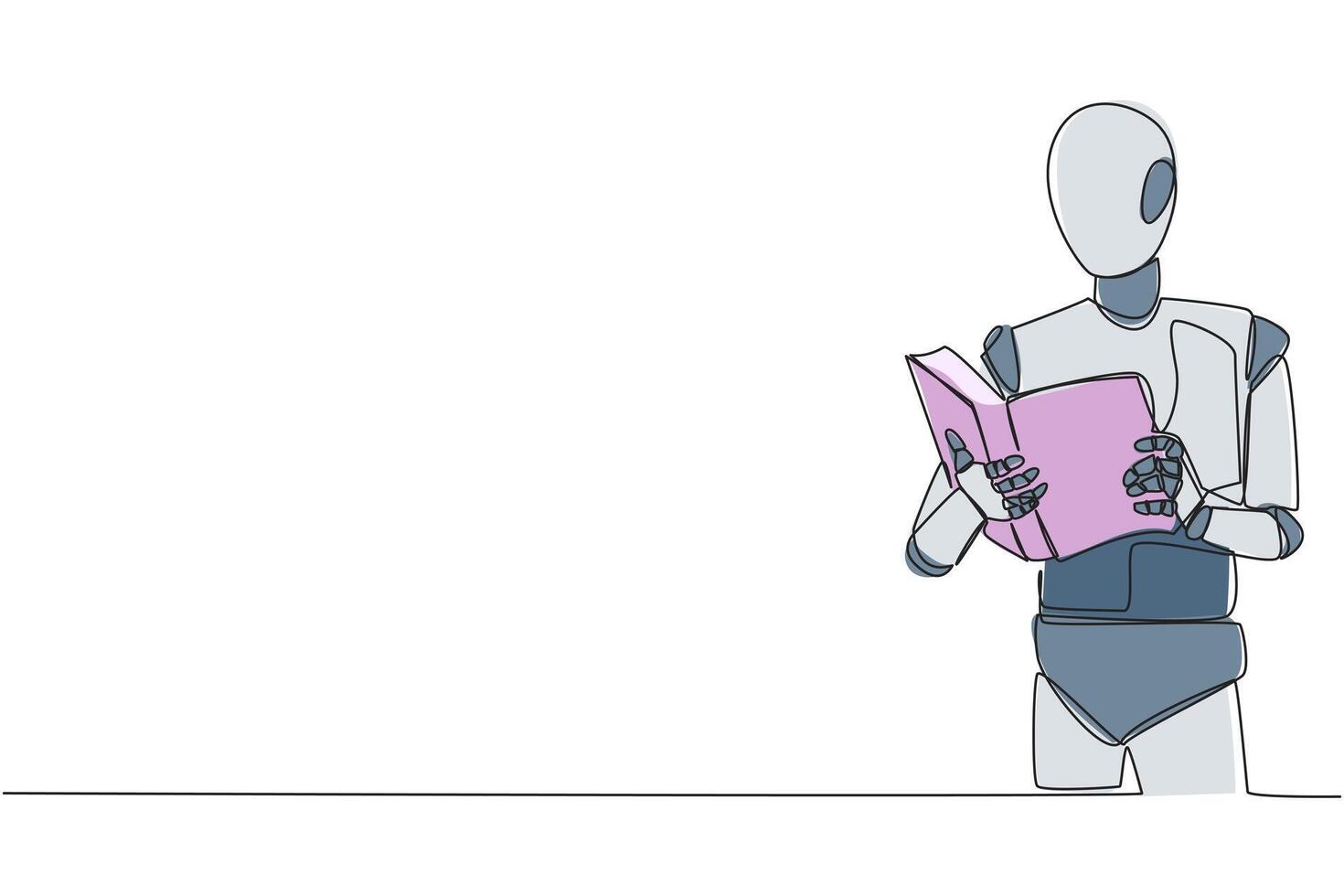 Single einer Linie Zeichnung Roboter künstlich Intelligenz Fokus auf Lektüre. Versuchen zu finden Antworten zu Aufgaben gegeben. suchen Mehr Wissen. lesen erhöht sich Einblick. kontinuierlich Linie Design Grafik Illustration vektor