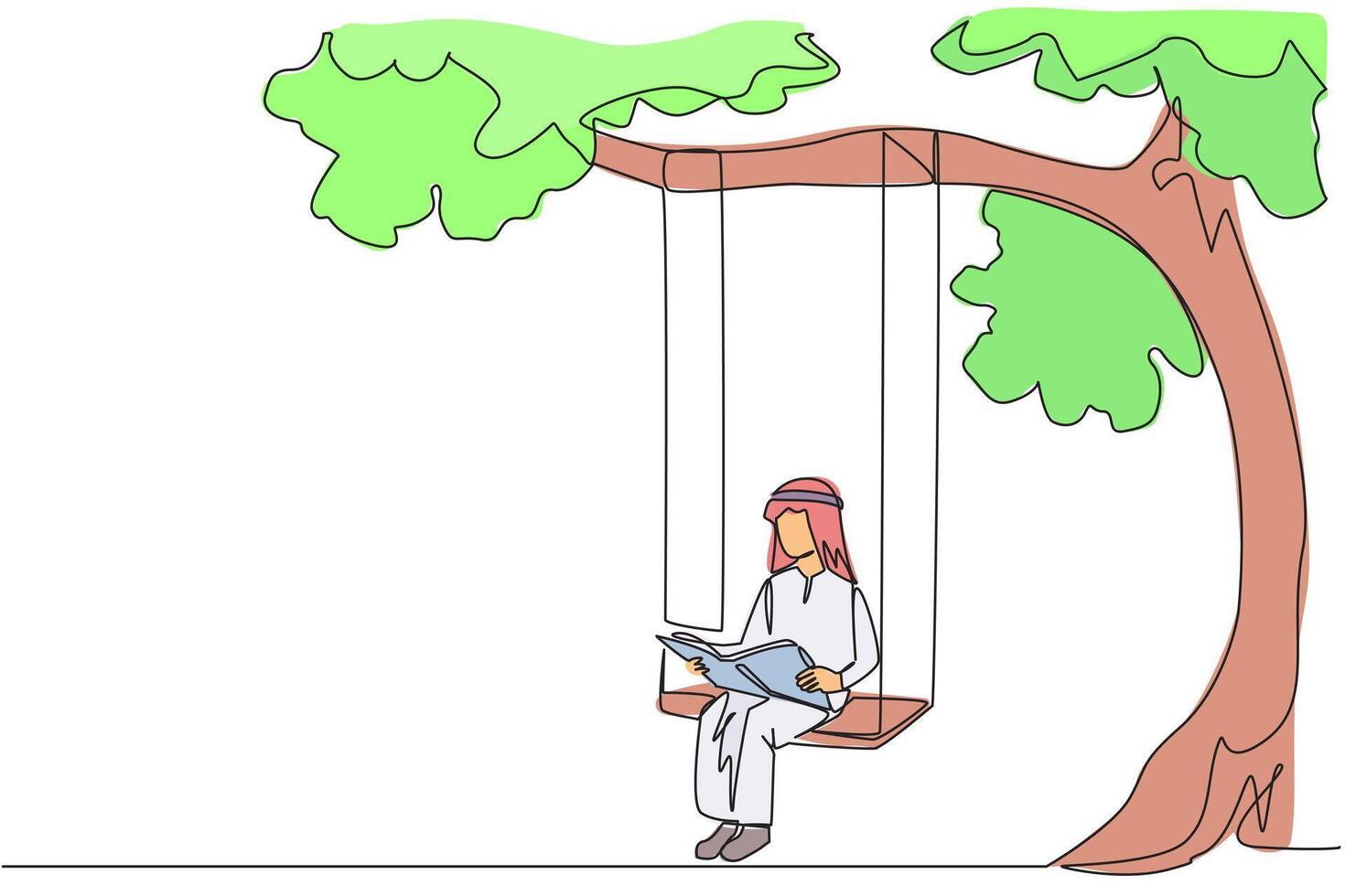 kontinuierlich einer Linie Zeichnung arabisch Mann Sitzung auf schwingen unter schattig Baum lesen Buch. hoch Begeisterung zum Lektüre. lesen überall. lesen erhöht sich Einblick. Single Linie zeichnen Design Illustration vektor