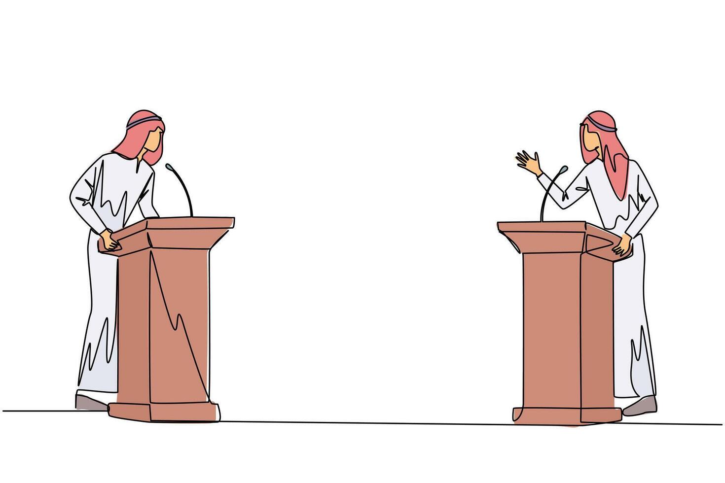 Single einer Linie Zeichnung zwei arabisch Geschäftsmann streiten auf Podium. werfen Meinungen auf das Beste Weg zu Deal mit global Erwärmen. öffnen Dialog. debattieren. kontinuierlich Linie Design Grafik Illustration vektor