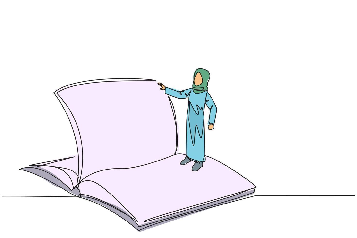 kontinuierlich einer Linie Zeichnung arabisch Frau Stehen Über öffnen Hauptbuch drehen Buchseite. lesen langsam zu verstehen Inhalt von jeder Buchseite. lesen erhöht sich Einblick. Single Linie zeichnen Design Illustration vektor