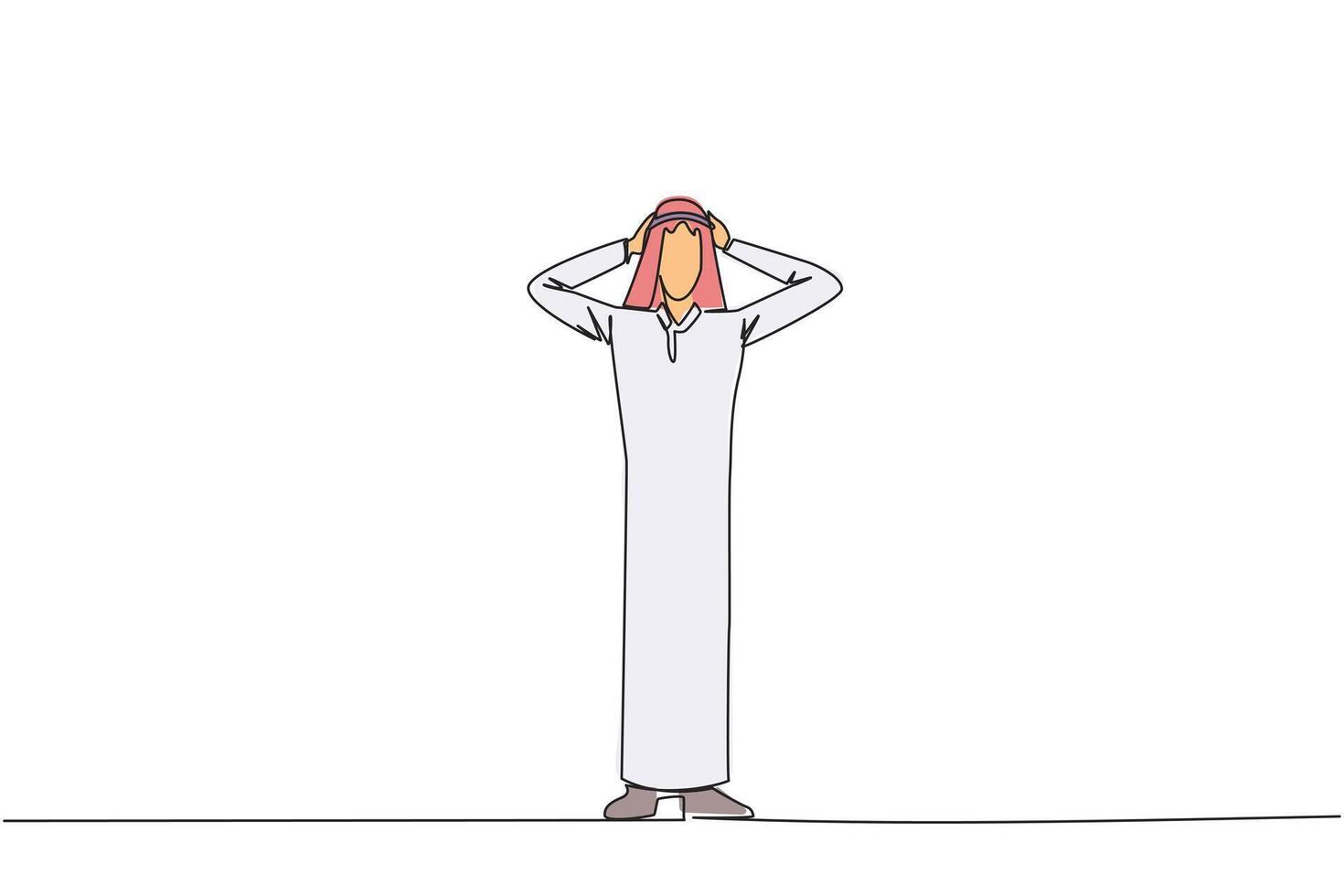 kontinuierlich einer Linie Zeichnung arabisch Geschäftsmann Stehen Gerade halten Kopf mit beide Hände. Gesten aufgeregt oder überrascht. ungewöhnlich Gesichts- Ausdrücke. erschrocken. Single Linie zeichnen Illustration vektor