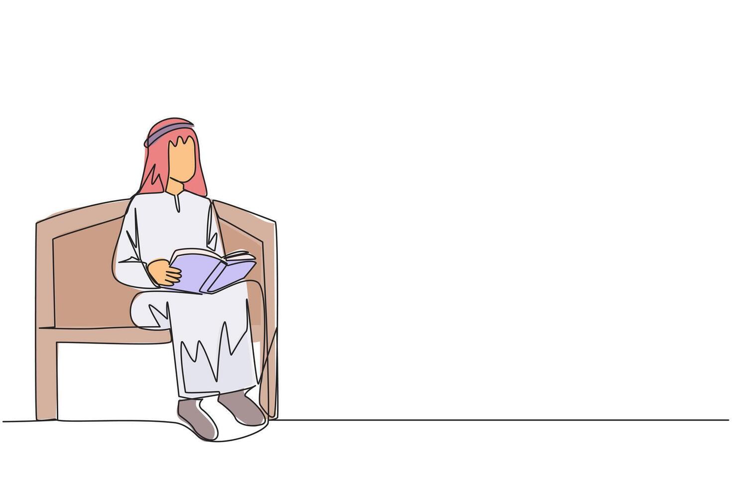 Single kontinuierlich Linie Zeichnung arabisch Mann Sitzung lesen auf Stuhl im das Universität Park. bereiten zum das Finale Prüfungen mit ernst Lektüre. Buch Festival Konzept. einer Linie Design Illustration vektor