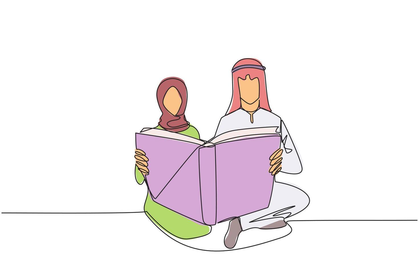 enda kontinuerlig linje teckning arab man kvinna Sammanträde läsning stående bok. entusiasm aldrig går bort. Lycklig när läsning berättelse bok. bok festival begrepp. ett linje design illustration vektor