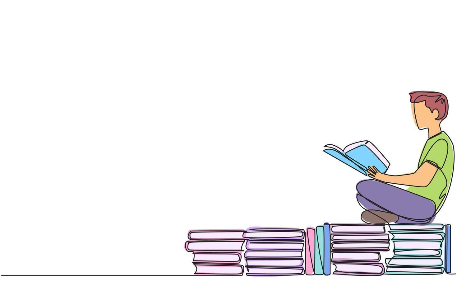 Single einer Linie Zeichnung Mann Sitzung entspannt lesen ein Buch auf Stapel von Bücher. entspannen während lesen Fiktion Bücher. genießen das Handlung. Buch Festival Konzept. kontinuierlich Linie Design Grafik Illustration vektor