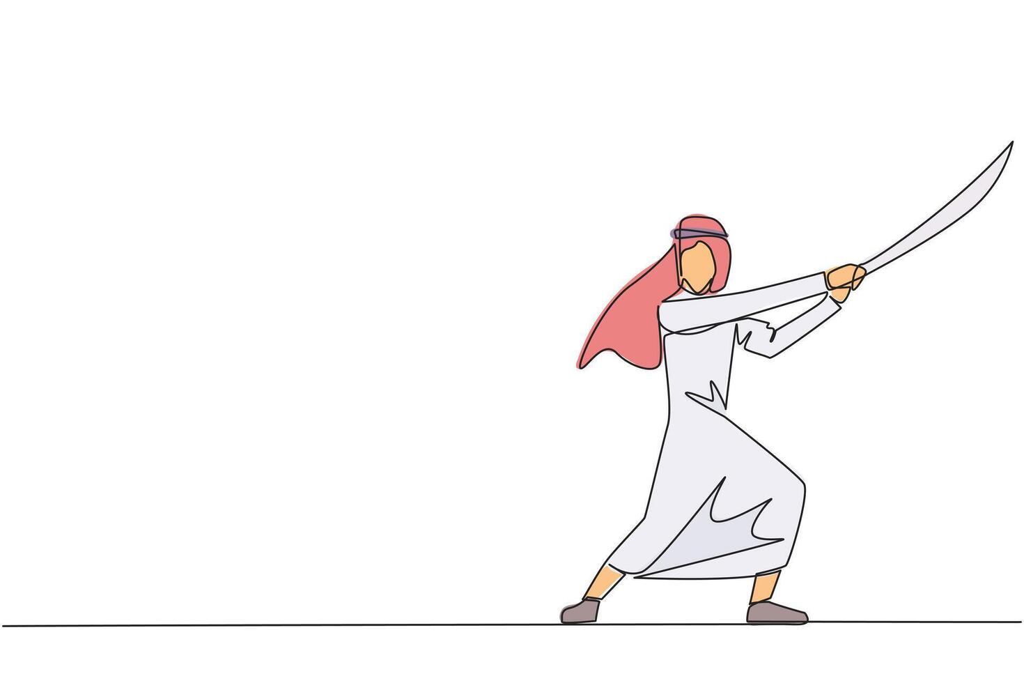 Single kontinuierlich Linie Zeichnung arabisch Geschäftsmann halten Samurai. stilisiert mögen Samurai Athlet Bewachung das Geschäft. bereit zu beseitigen stören Geschäft Wachstum. einer Linie Design Illustration vektor