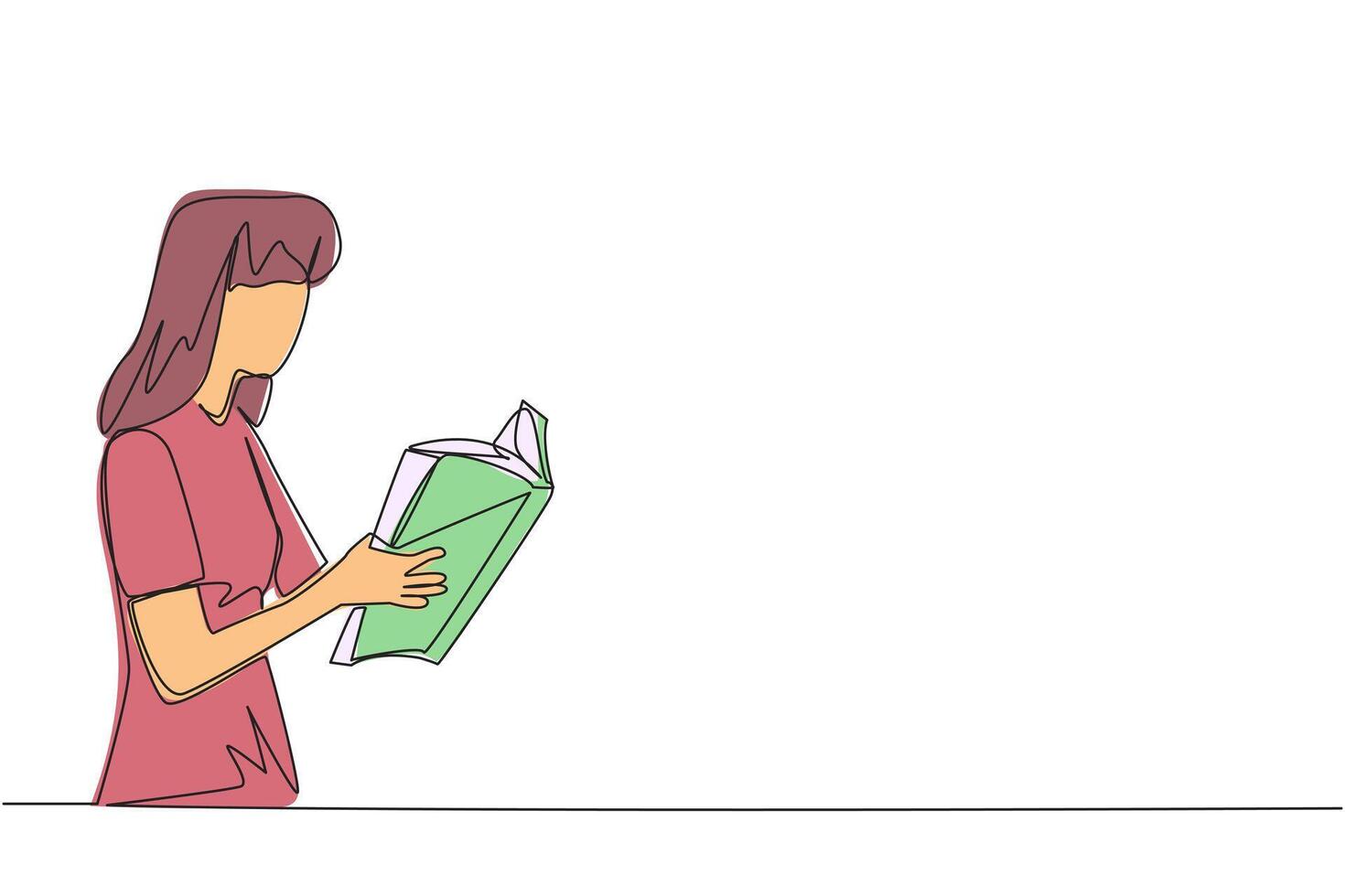 enda kontinuerlig linje teckning kvinna är mycket fokuserade på läsning en bok. läsning de fiktion berättelse böcker under högtider. bok festival begrepp. mycket Bra vana. ett linje design illustration vektor