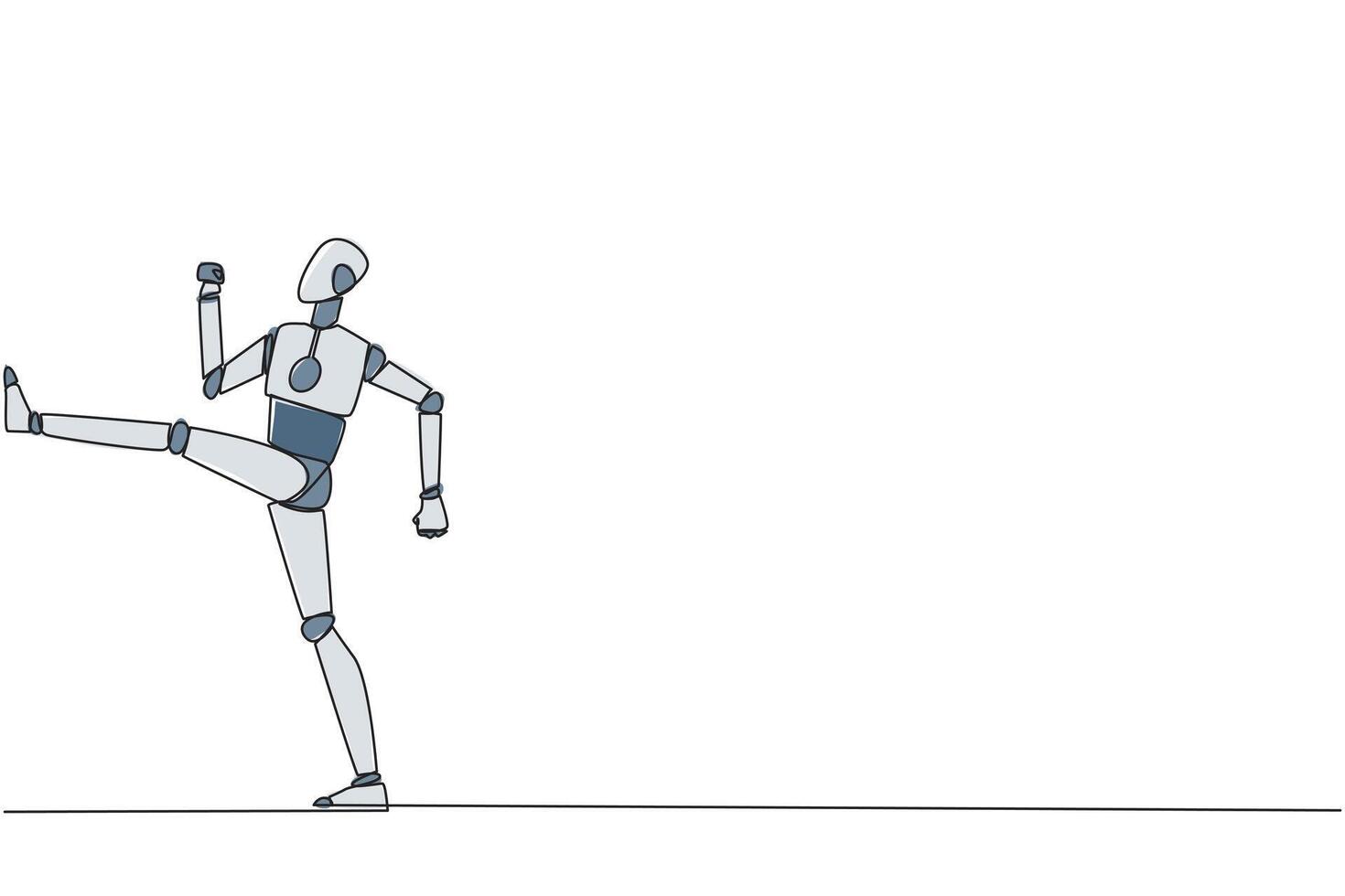 enda kontinuerlig linje teckning robot håller på med sparkar rörelse. sträcka innan kontor timmar Start. en friska sätt till stanna kvar fokuserade på håller på med företag. disciplinerad. ai tech. ett linje design illustration vektor