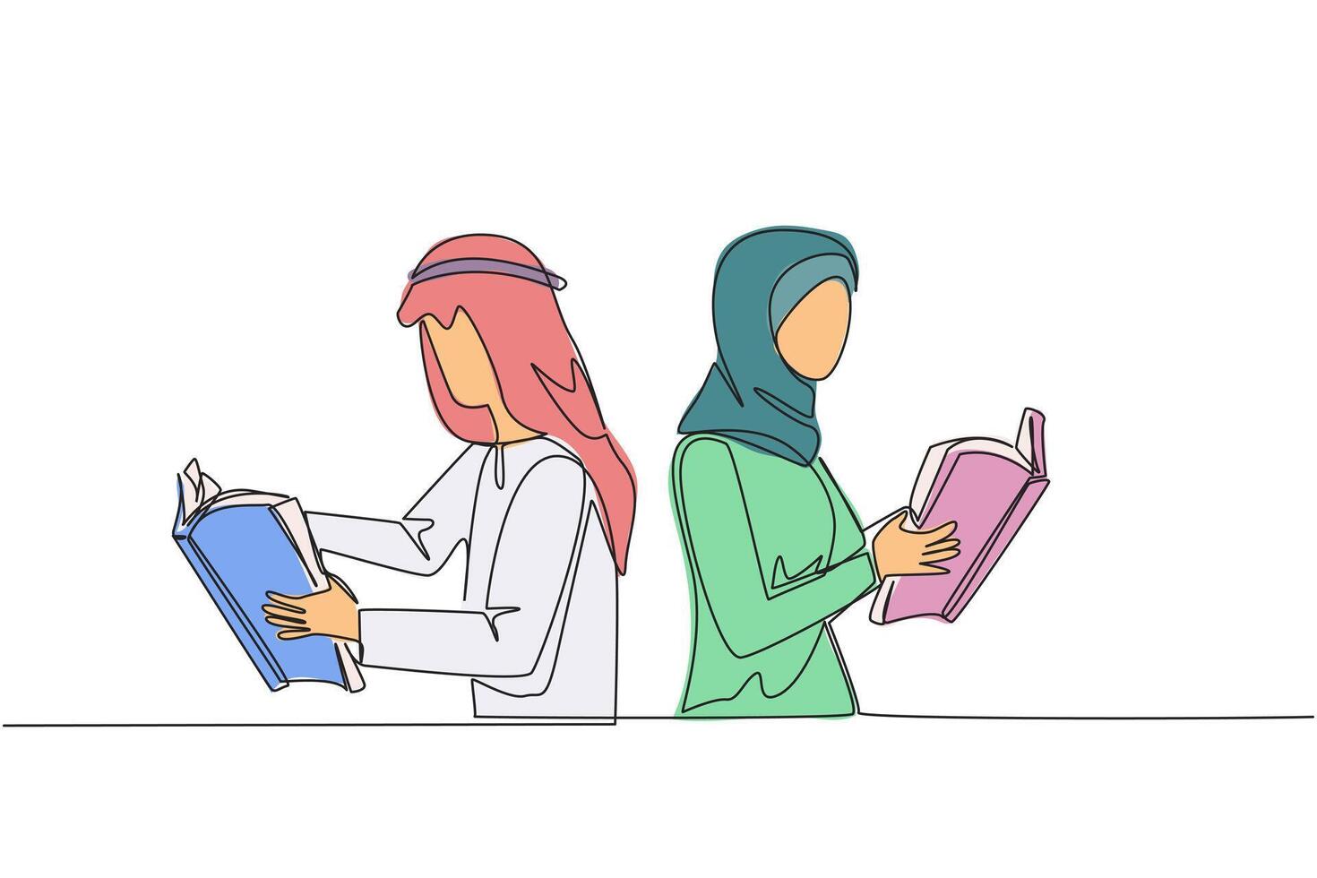 kontinuerlig ett linje teckning arab man kvinna mycket fokuserade på läsning bok. läsning fiktion berättelse bok under högtider. bok festival begrepp. mycket Bra vana. enda linje dra design illustration vektor