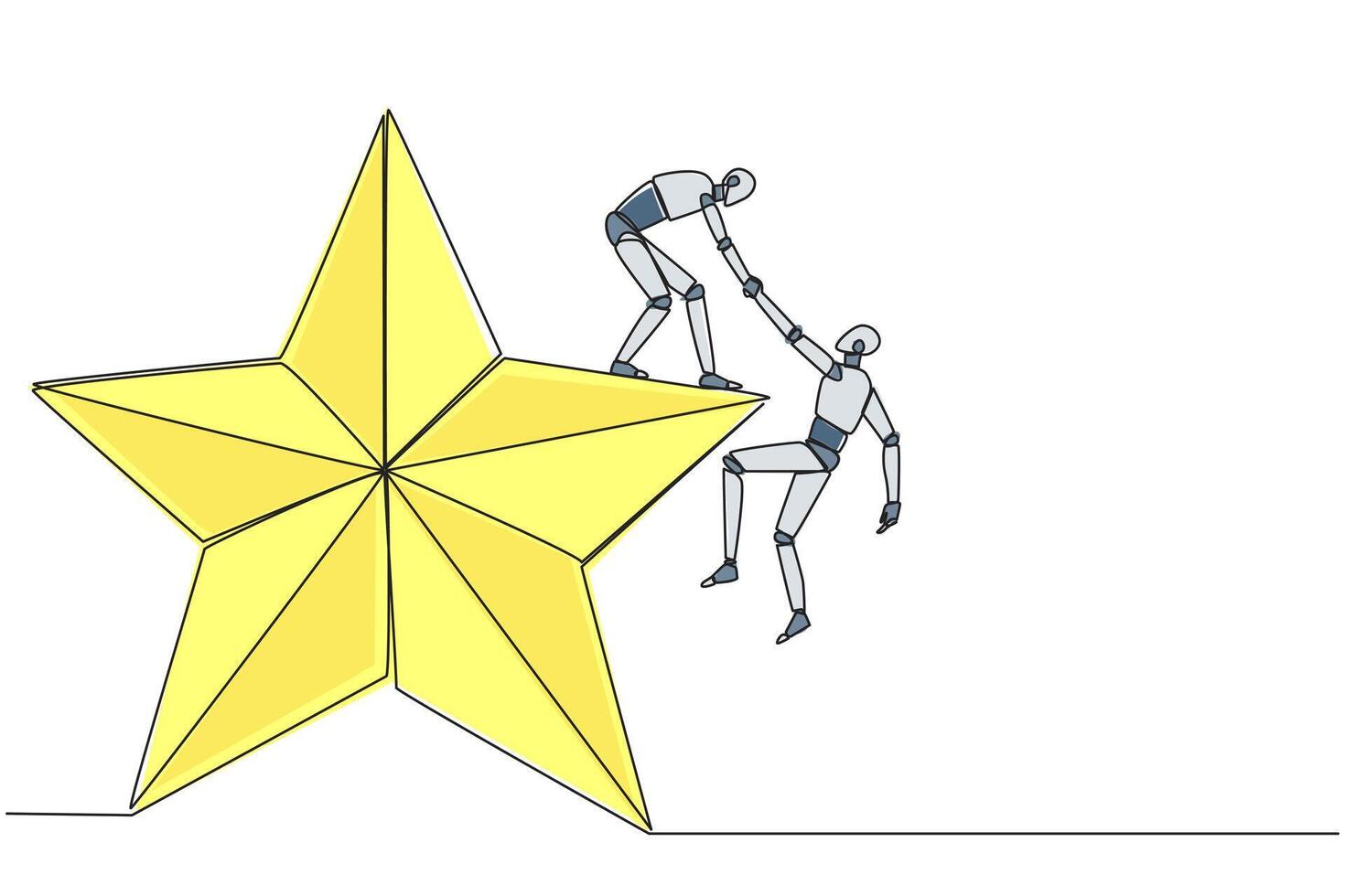 kontinuierlich einer Linie Zeichnung Clever Roboter hilft Kollege steigen groß Stern. Metapher von erreichen Träume von Erfolg zusammen. haben ein sehr gut Werdegang Position. Single Linie zeichnen Design Illustration vektor