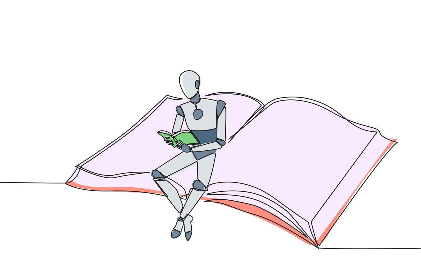 Single kontinuierlich Linie Zeichnung Clever Roboter Sitzung lesen auf groß fliegend Buch. entspannen lesen mögen auf ein Teppich fliegend in das Himmel. Zukunft Technologie Entwicklung. einer Linie Design Illustration vektor