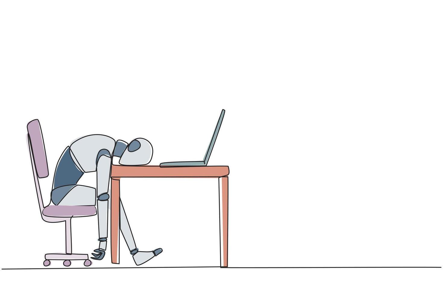Single einer Linie Zeichnung Roboter fiel schlafend im Vorderseite von Laptop Computer. ermüden Laufen Geschäft. mental Gesundheit Problem. erschöpft und gelangweilt. ai Technologie. kontinuierlich Linie Design Grafik Illustration vektor