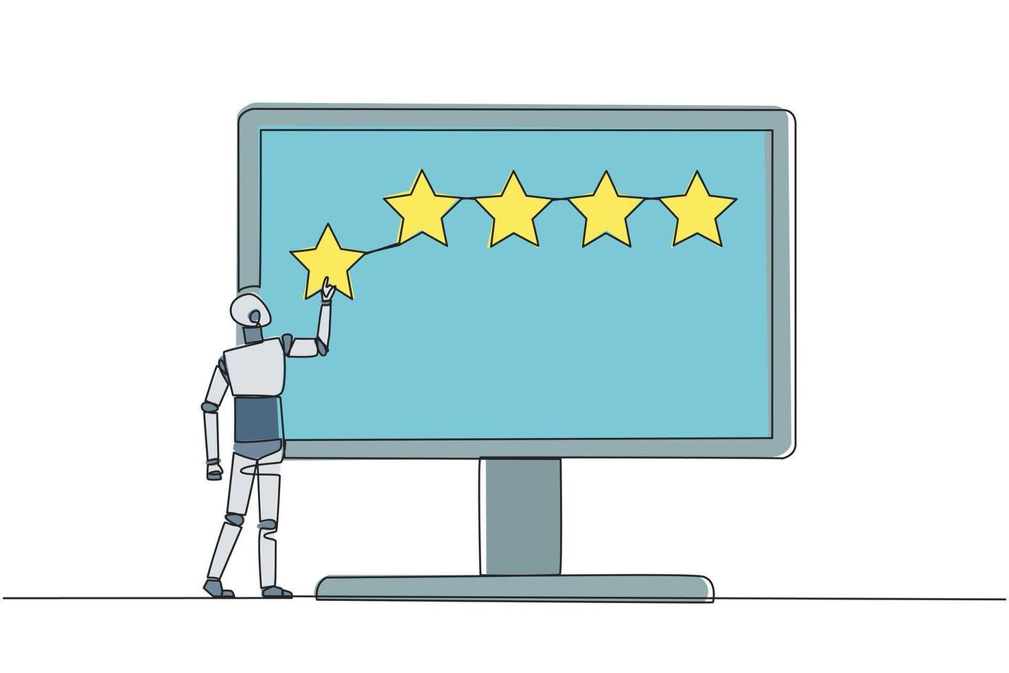 Single einer Linie Zeichnung Roboter Stehen und versuchen zu Stock einer Star auf groß Monitor. geben 5 Star Rückmeldung. geben Sterne Qualität Ergebnis. geben Rezension. kontinuierlich Linie Design Grafik Illustration vektor