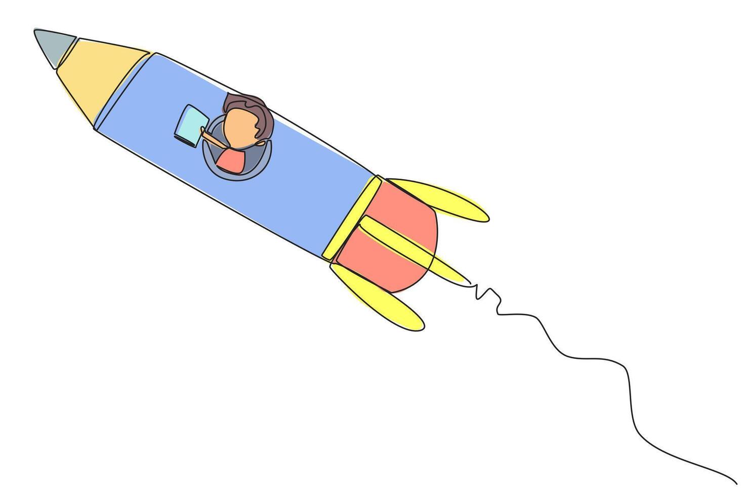 kontinuerlig ett linje teckning pojke flygande på en raket läsning en bok. alltid läsning böcker var som helst. de bok inspirerar till bli en forskare. bok festival. enda linje dra design illustration vektor