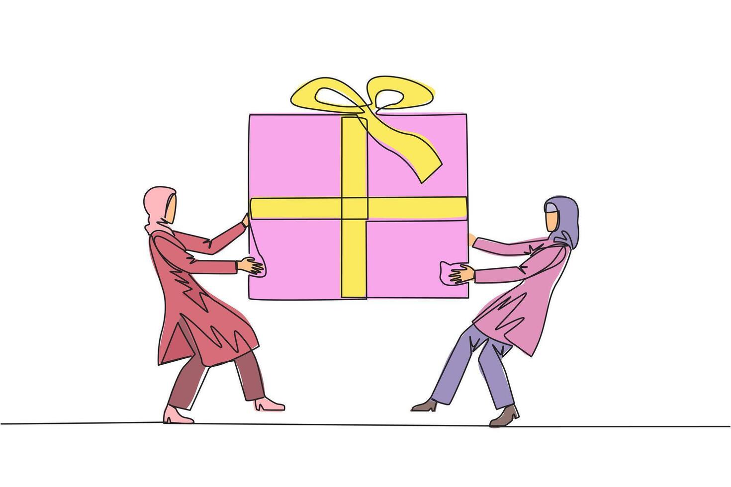 Single einer Linie Zeichnung zwei Fachmann arabisch Geschäftsfrau Kampf Über Geschenk Kasten. Unternehmer gegen Umwelt Verschmutzung Kampf zum Main Preis. kontinuierlich Linie Design Grafik Illustration vektor