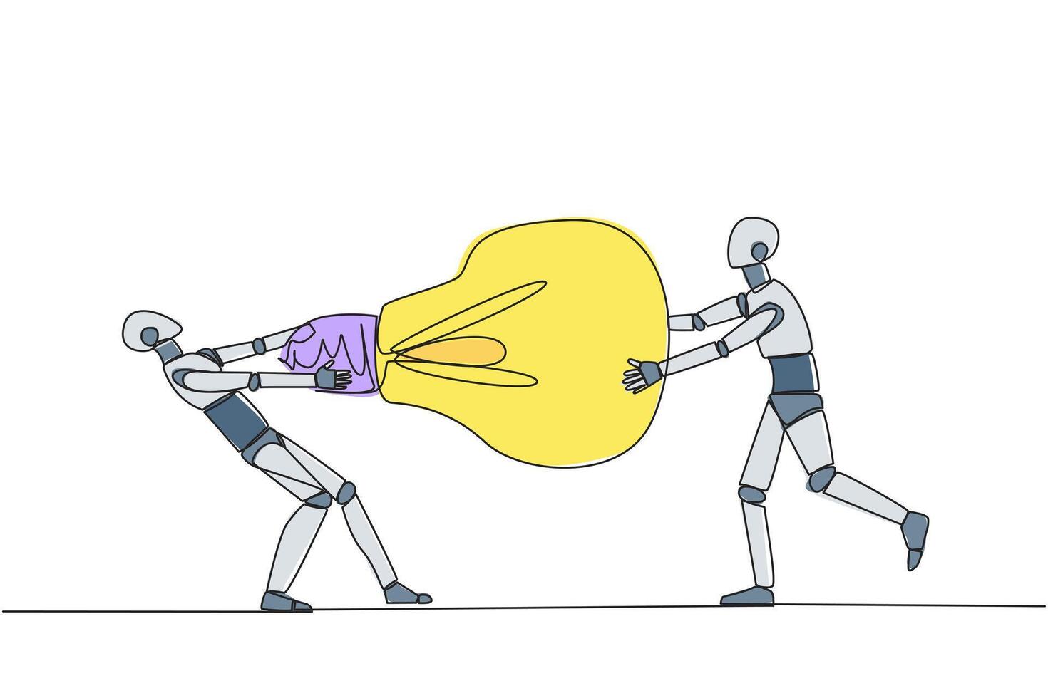 enda kontinuerlig linje teckning två arg robot stridande över glödlampa. både av dem skiljde sig åt, känsla mest höger. emotionell robotisk. mot. konflikt. ai tech. ett linje design illustration vektor